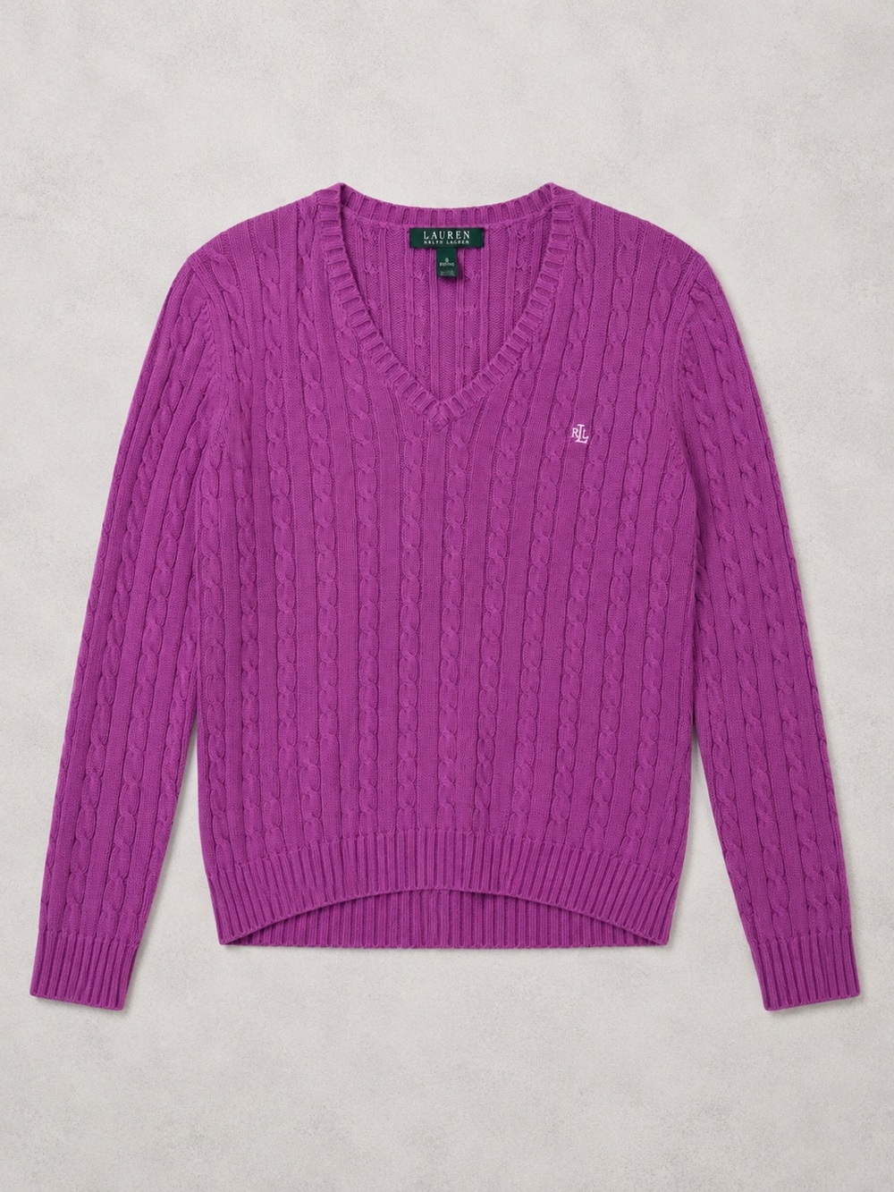 Lauren Ralph Lauren Cable Knit V-Neck Sweater Medium | Purple Cotton Preppy